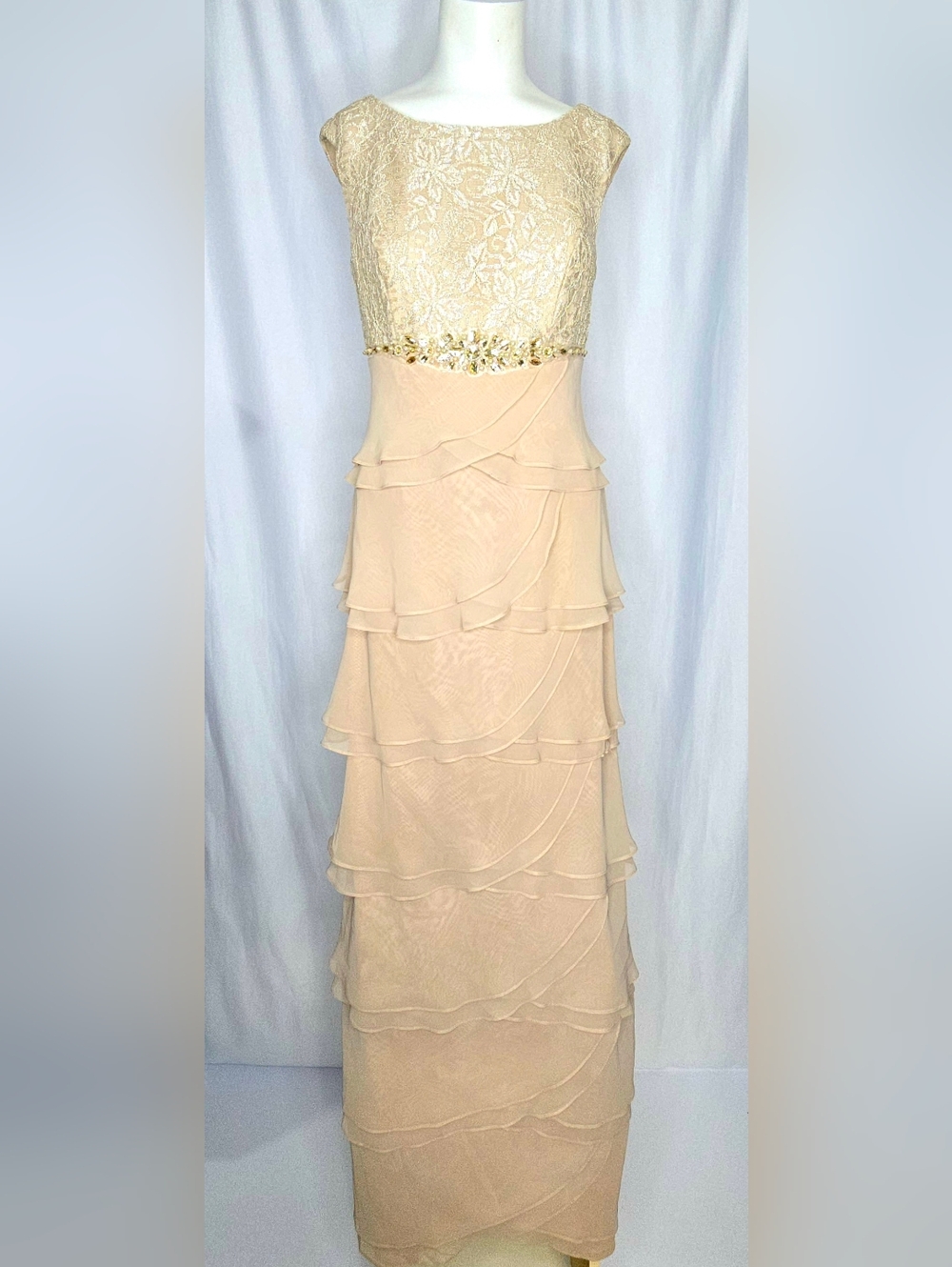 Jessica Howard Beaded‎ Bodice Cream Tiered Wedding Guest Dress Size 6